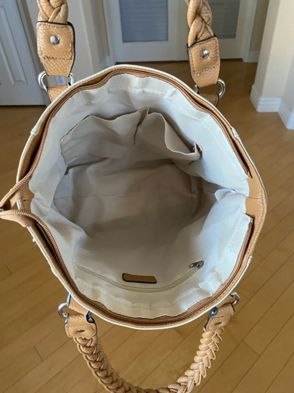 Cream Large Tote with Tan Braided Handles